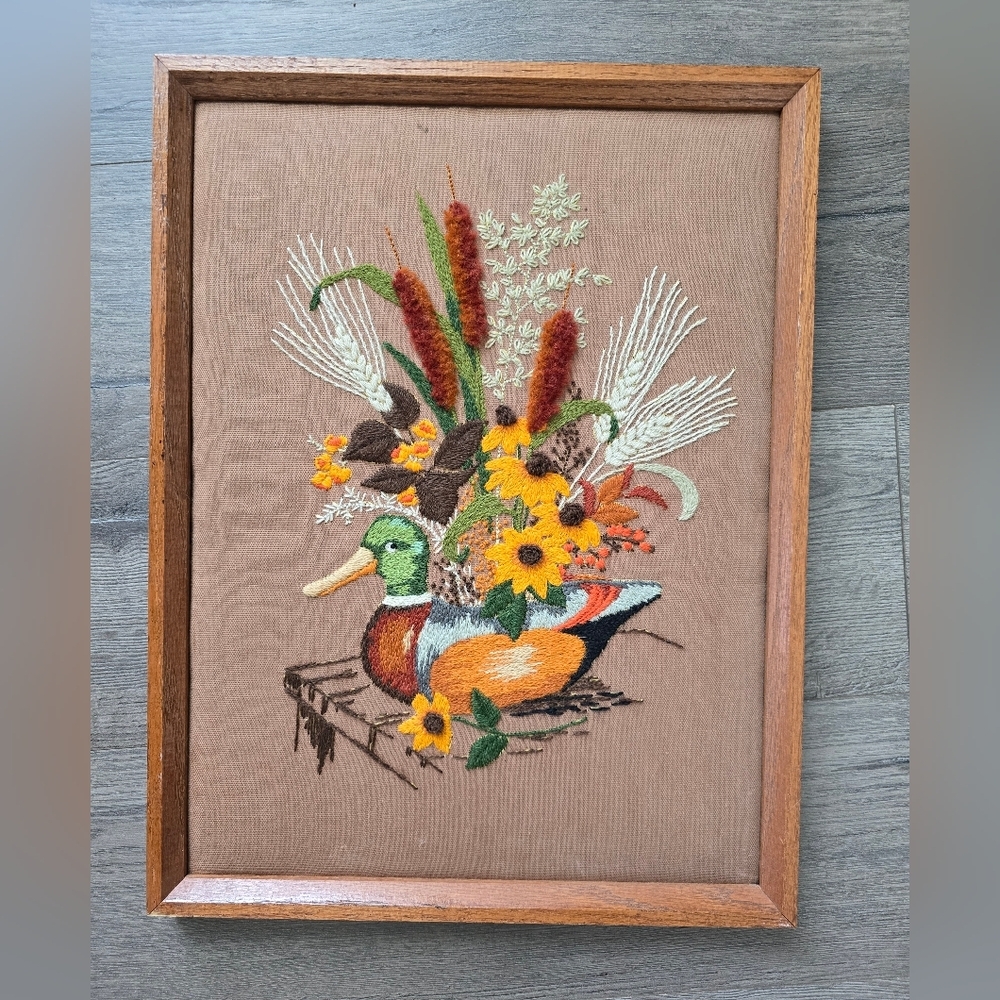 Vintage Handmade Framed Duck Needlepoint 3D Art Deco Cabin Geese Goose